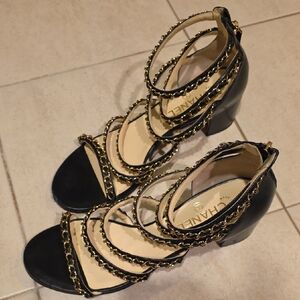 CHANEL Black and Gold Chain Heels